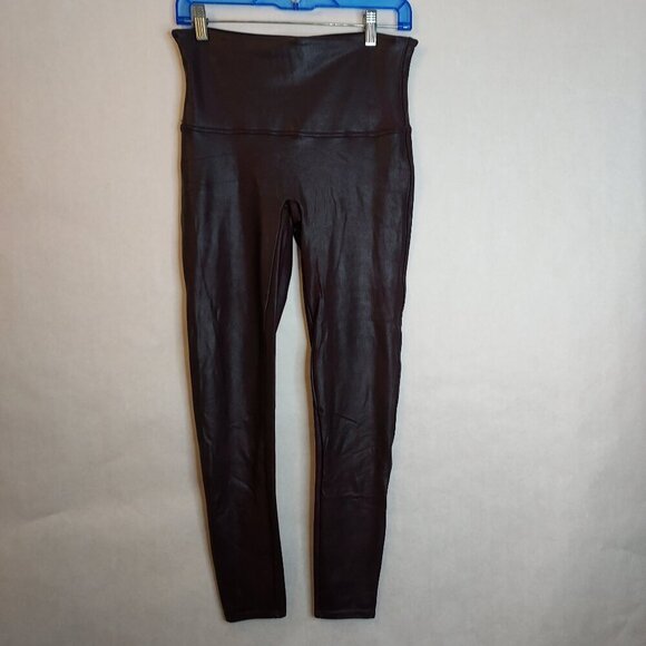 SPANX Pants - Spanx Leggings Faux Leather Women XL Black w Purple Base Pull On Wide Waist Goth